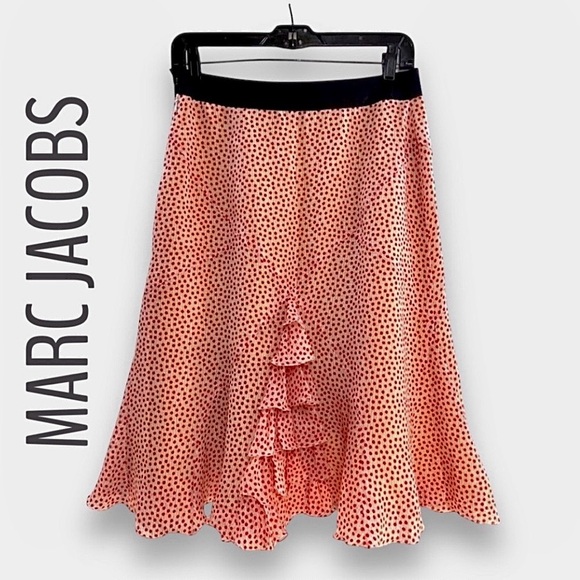 Marc Jacobs Dresses & Skirts - MARC JACOBS🎄Silk Red and Ivory POLKADOT Ruffle Midi Skirt with Black Waistband